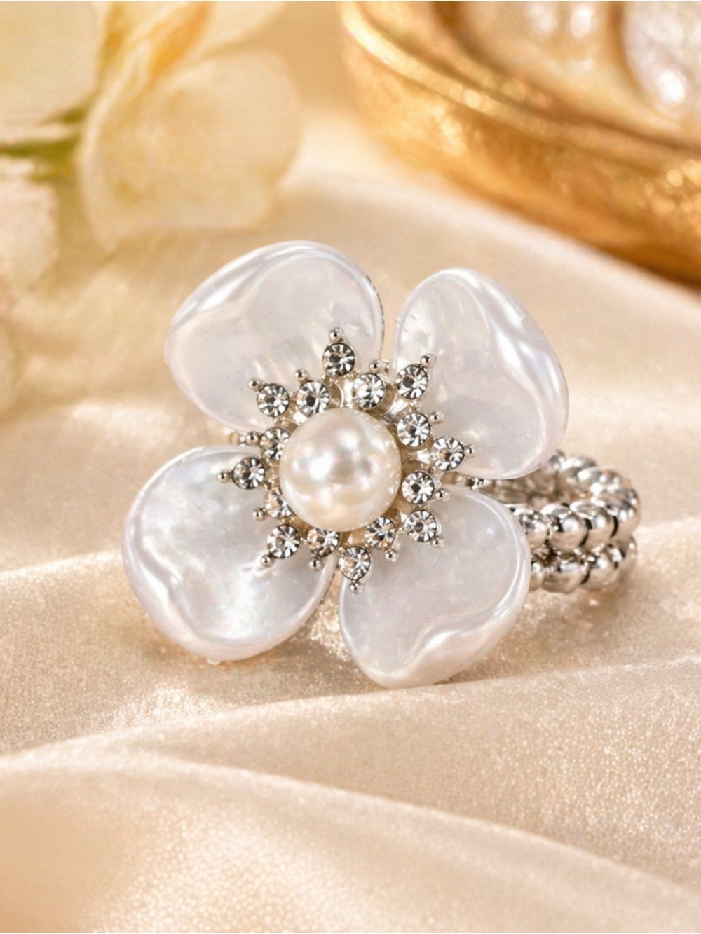 paparazzi White Pearl Flower Ring with Crystal Halo